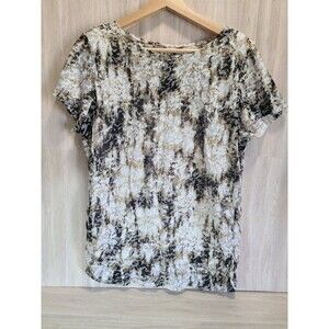 Women’s Abstract Print Blouse Size M Black Brown Short Sleeve Textured Top
